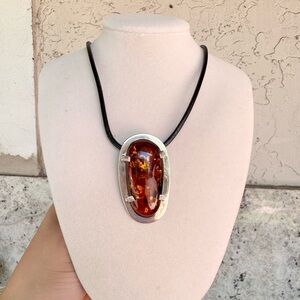 Amber Pendant Necklace with Silver Accents